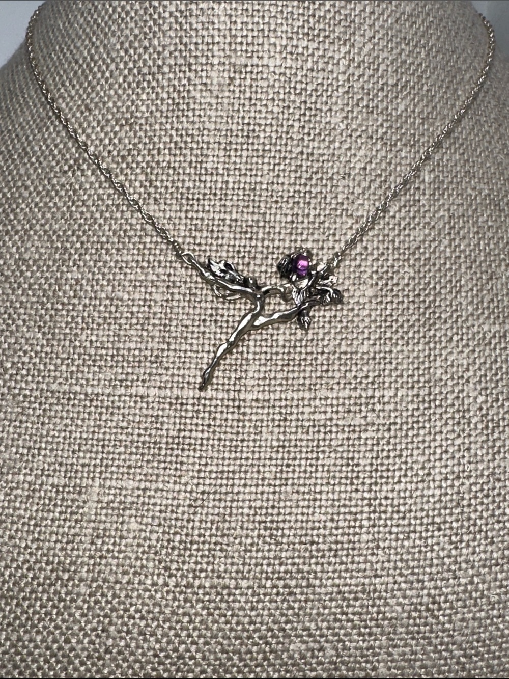 Silver Fairy Pendant Necklace with Purple Stone Accent